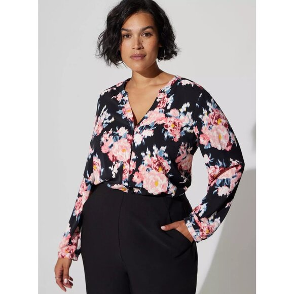 Torrid Studio Crepe De Chine Button Front Long Sleeve Floral Blouse Plus Size 2 - Picture 2 of 5